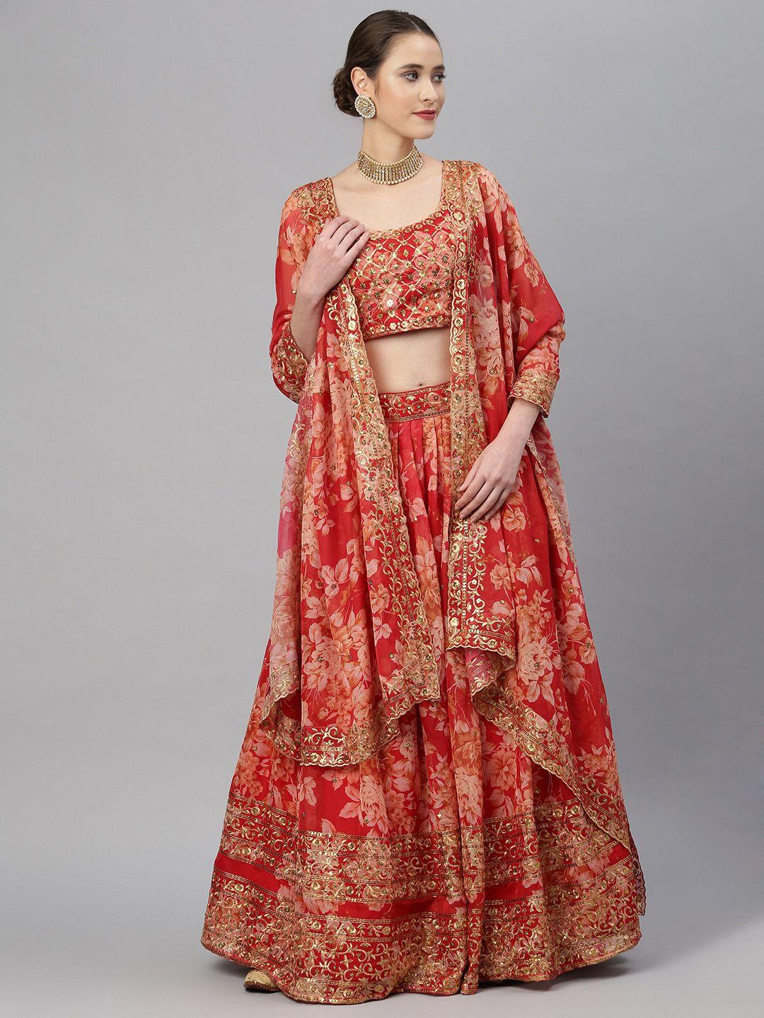 readiprint fashions red & gold-toned embellished sequinned semi-stitched lehenga & unstitched blouse with