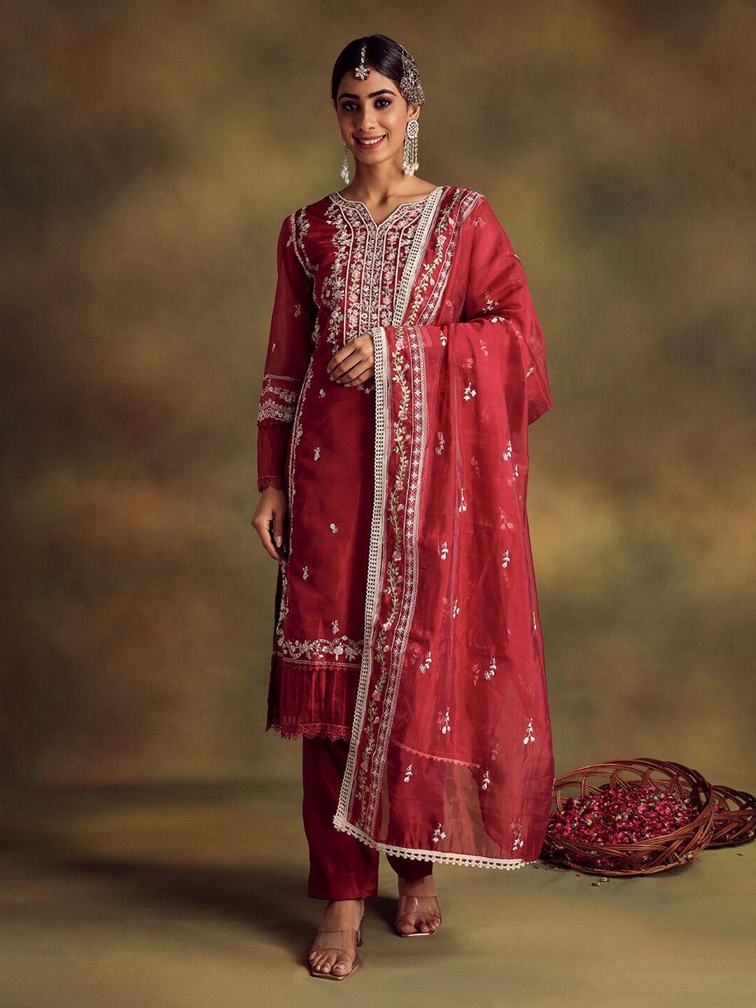 readiprint fashions red & gold-toned embroidered organza unstitched dress material