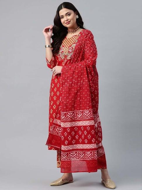 readiprint fashions red cotton embroidered kurta pant set with dupatta