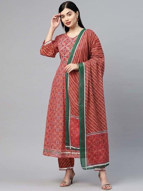 readiprint fashions red cotton embroidered kurta salwar set with dupatta