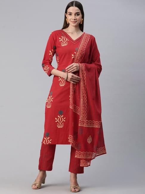 readiprint fashions red cotton floral print kurta pant set with dupatta