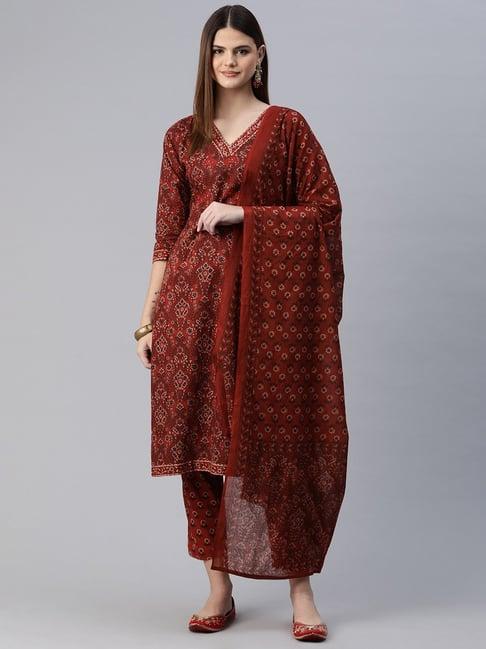 readiprint fashions red cotton floral print kurta pant set with dupatta