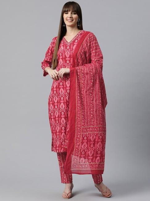 readiprint fashions red cotton printed kurta pant set with dupatta