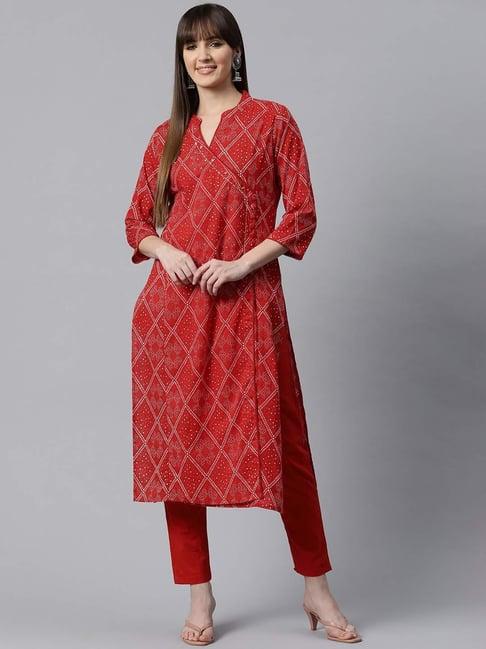 readiprint fashions red cotton printed kurta pant set