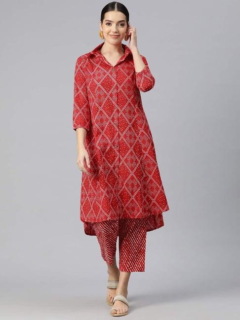 readiprint fashions red cotton printed kurta pant set
