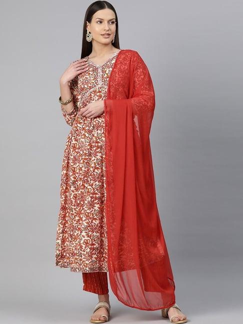 readiprint fashions red printed kurta pant set with dupatta