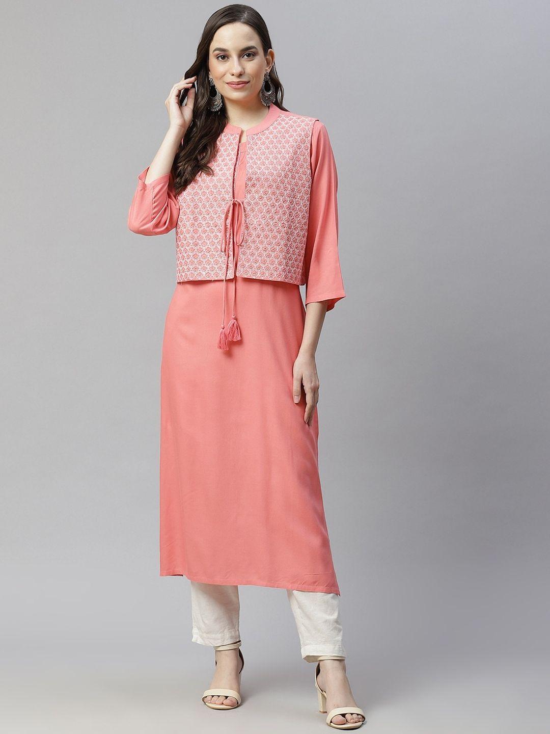 readiprint fashions round neck straight regular kurta with embroidered jacket