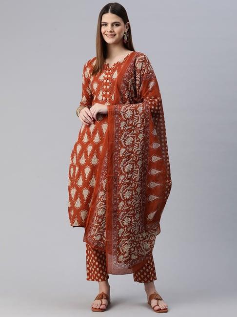 readiprint fashions rust cotton floral print kurta pant set with dupatta