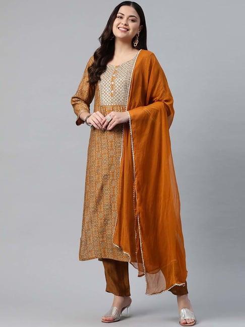 readiprint fashions rust embroidered kurta pant set with dupatta