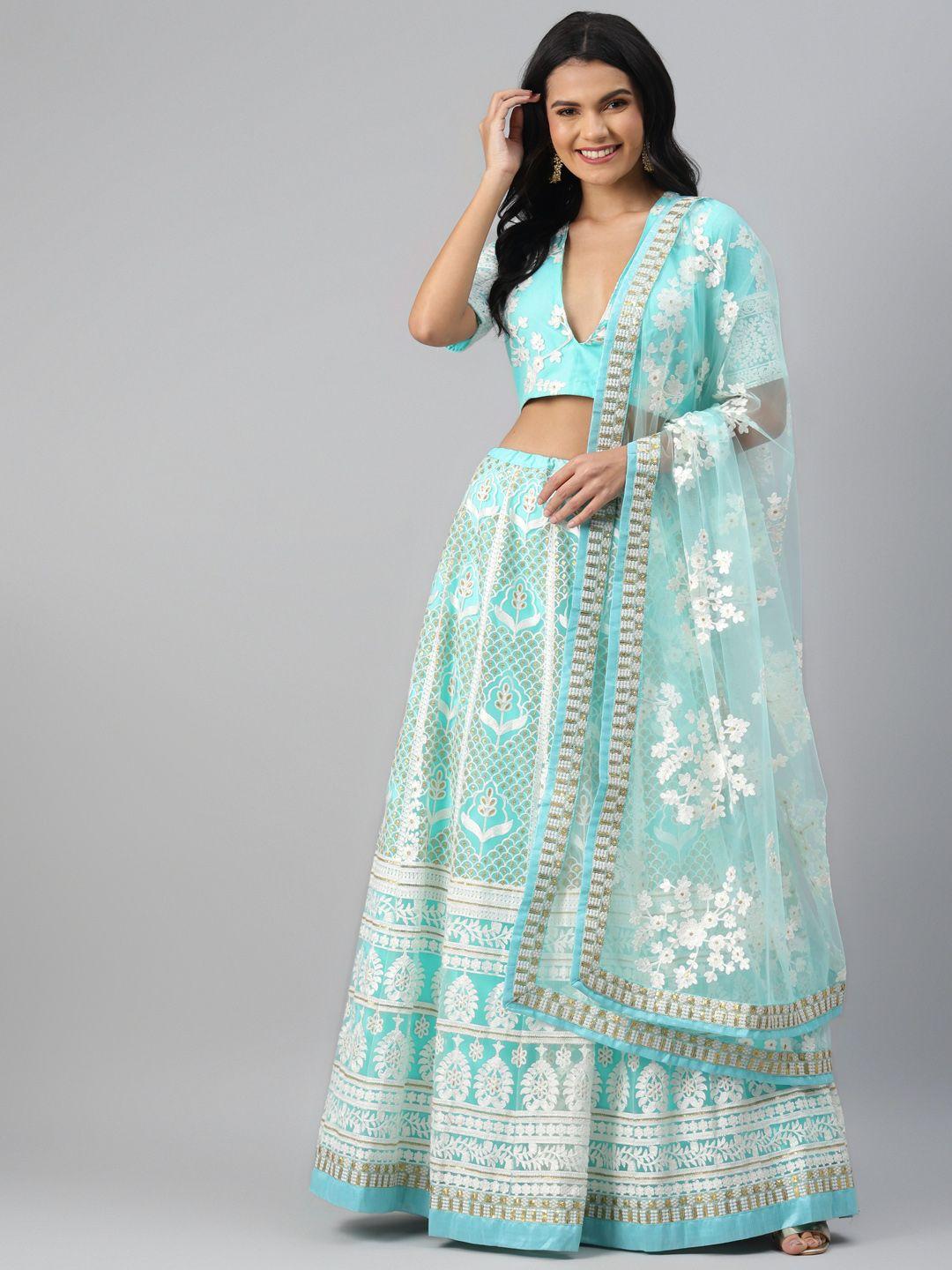 readiprint fashions sea green & white embroidered semi-stitched lehenga & unstitched blouse with dupatta