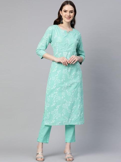 readiprint fashions sea green cotton embroidered kurta pant set