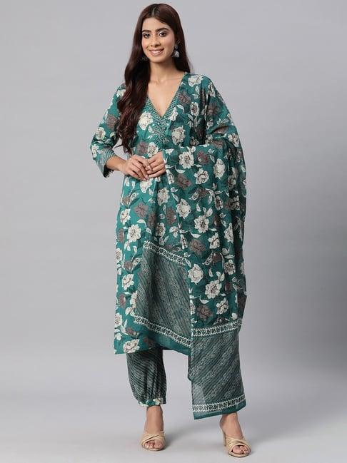 readiprint fashions sea green cotton floral print kurta salwaar set with dupatta