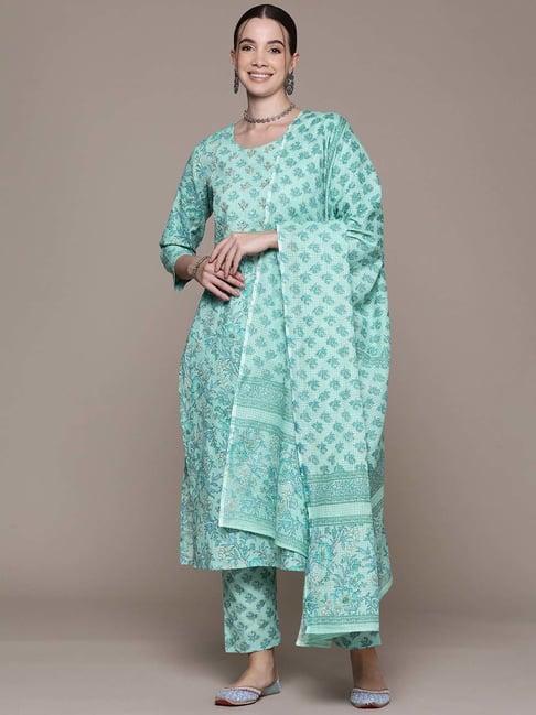 readiprint fashions sea green cotton printed kurta pant set with dupatta