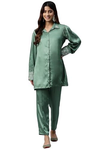 readiprint fashions shirt style silk fabric co-ord set (green_m)