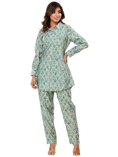 readiprint fashions shirt style silk fabric green color co-ord set