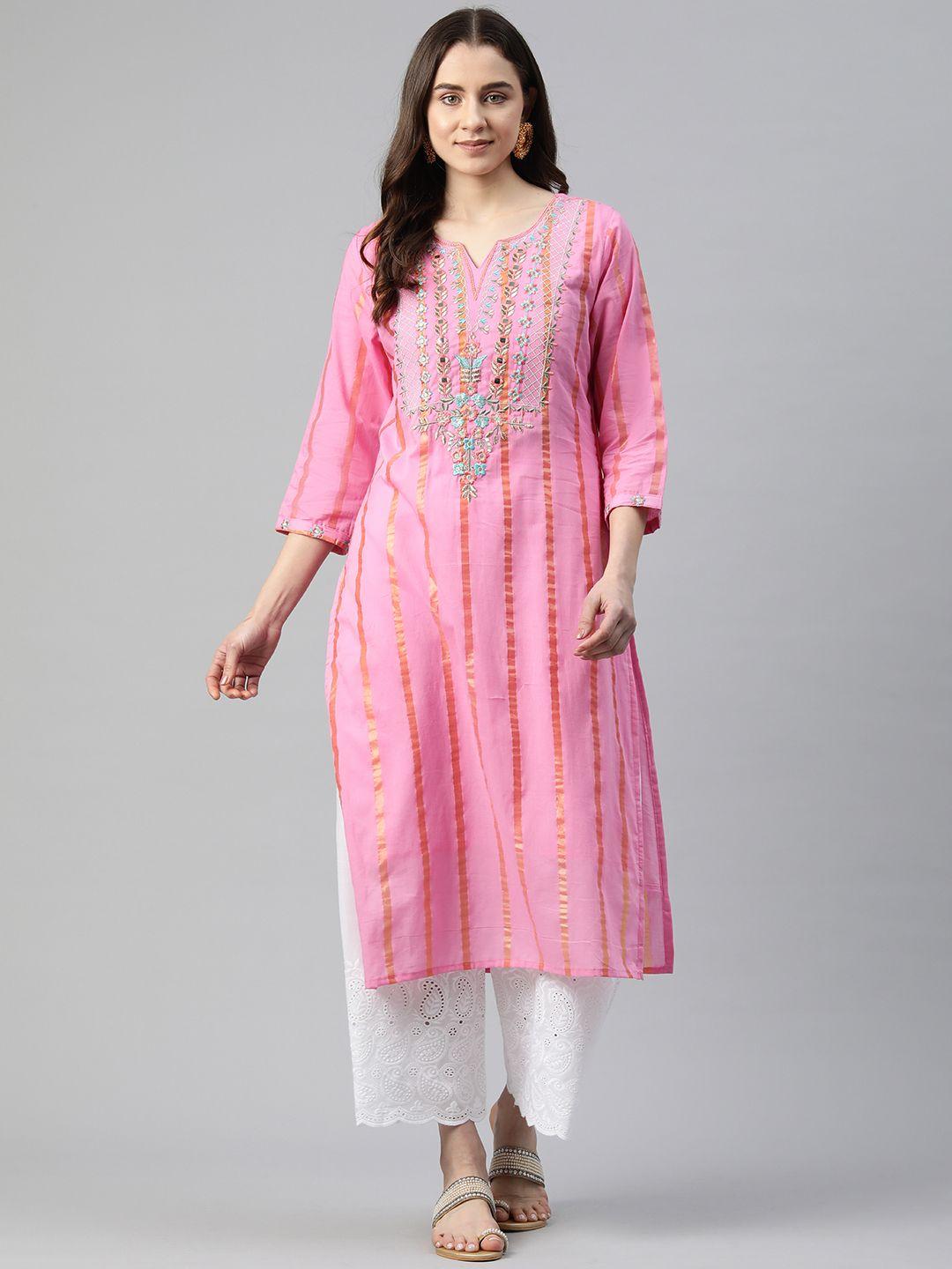 readiprint fashions striped embroidered thread work pure cotton kurta