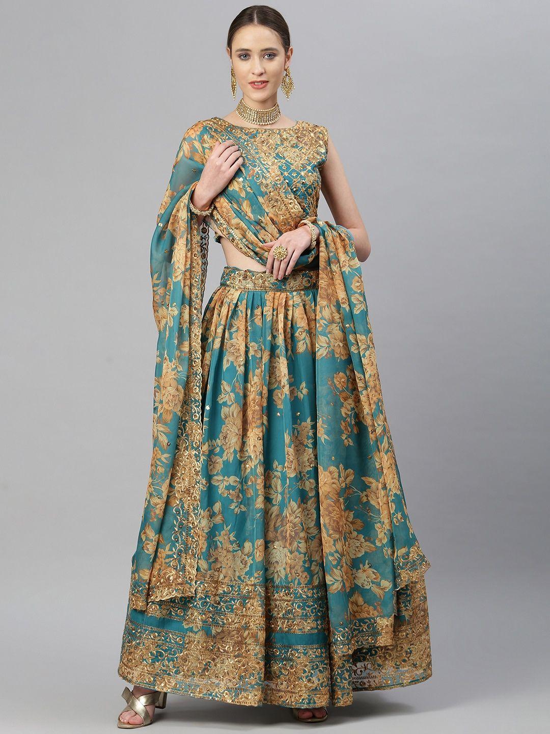 readiprint fashions teal & peach-coloured embellished sequinned semi-stitched lehenga & unstitched blouse