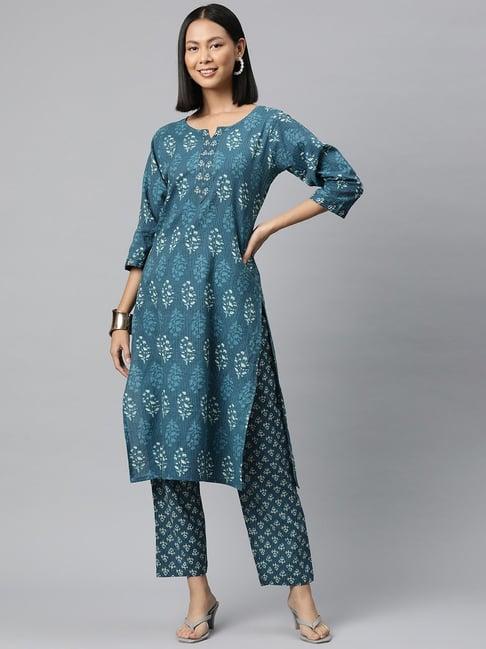 readiprint fashions teal blue cotton floral print kurta pant set