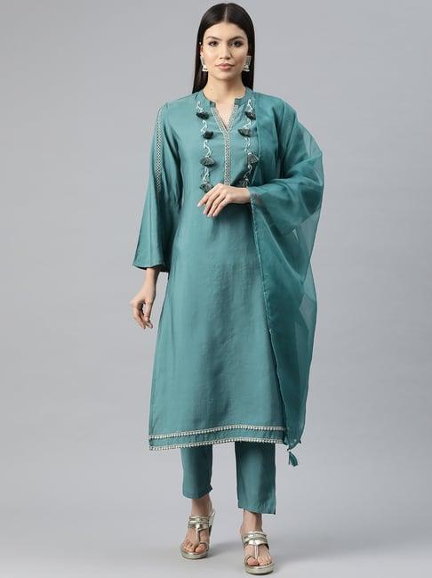 readiprint fashions teal blue embellished kurta pant set with dupatta
