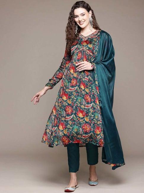 readiprint fashions teal blue printed kurta pant set with dupatta