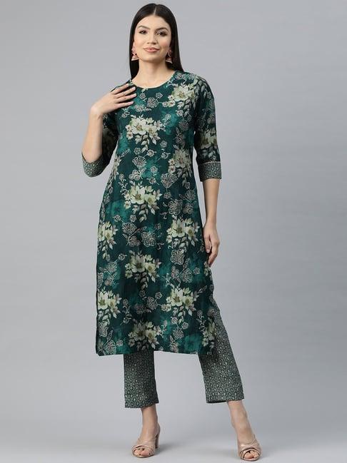readiprint fashions teal green floral print kurta pant set