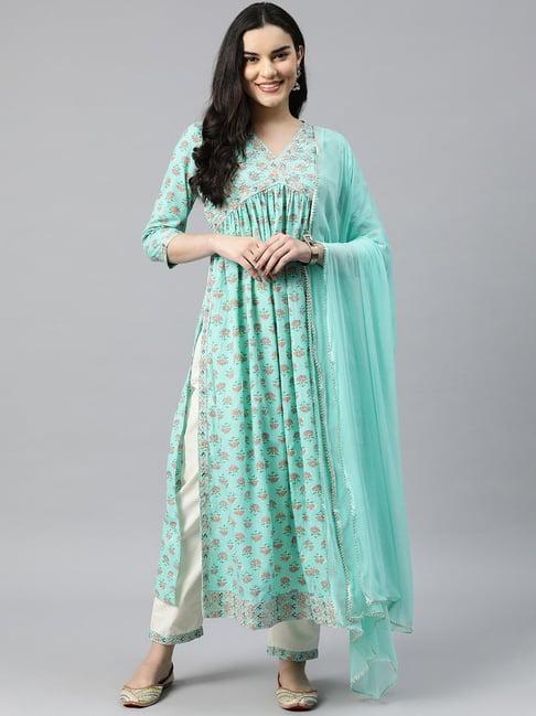 readiprint fashions turquoise & white cotton floral print kurta pant set with dupatta
