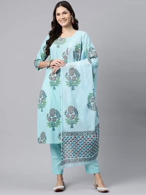readiprint fashions turquoise cotton floral print kurta pant set with dupatta