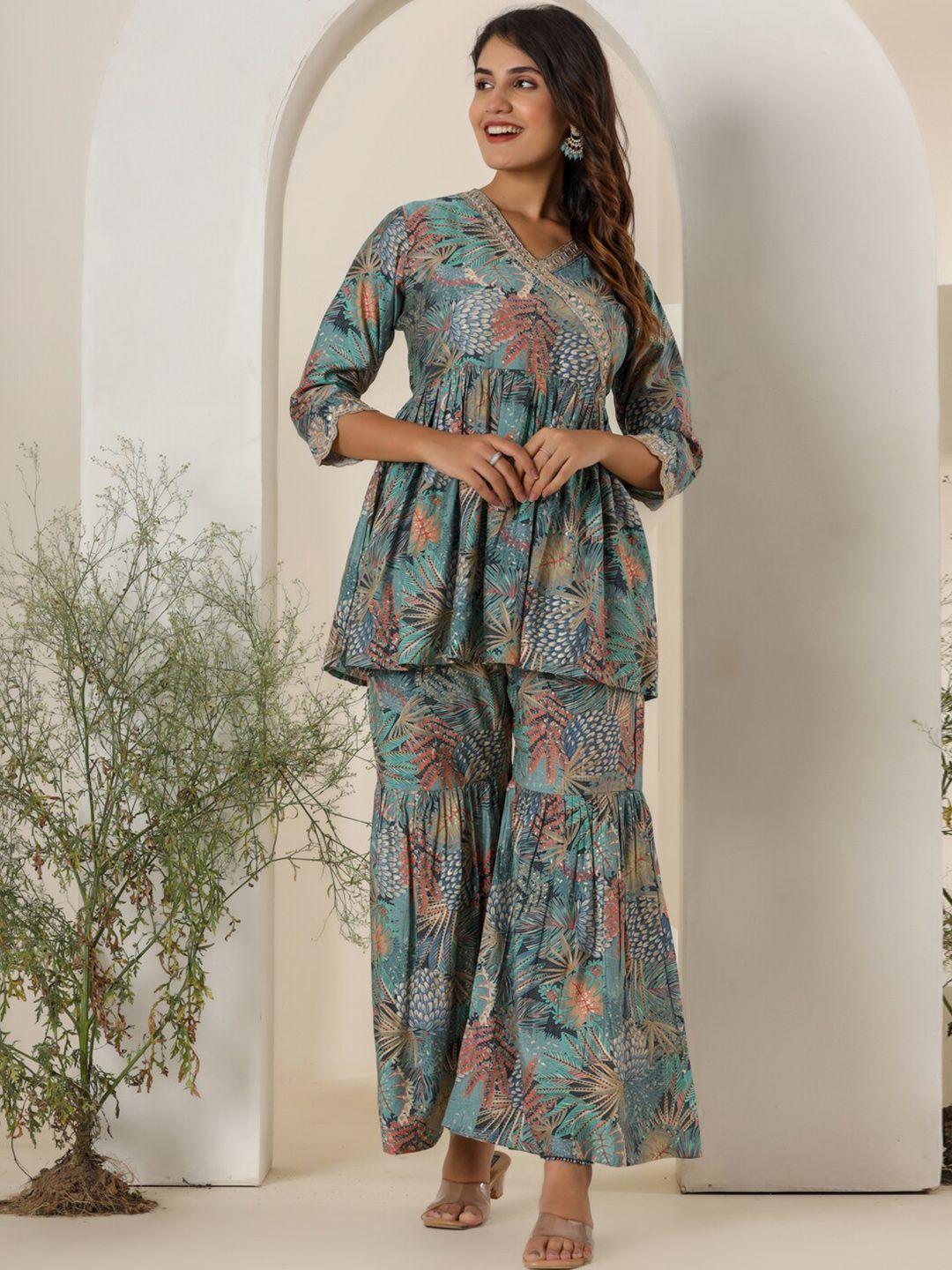 readiprint fashions v-neck ethnic printed empire pure silk anarkali kurta with sharara