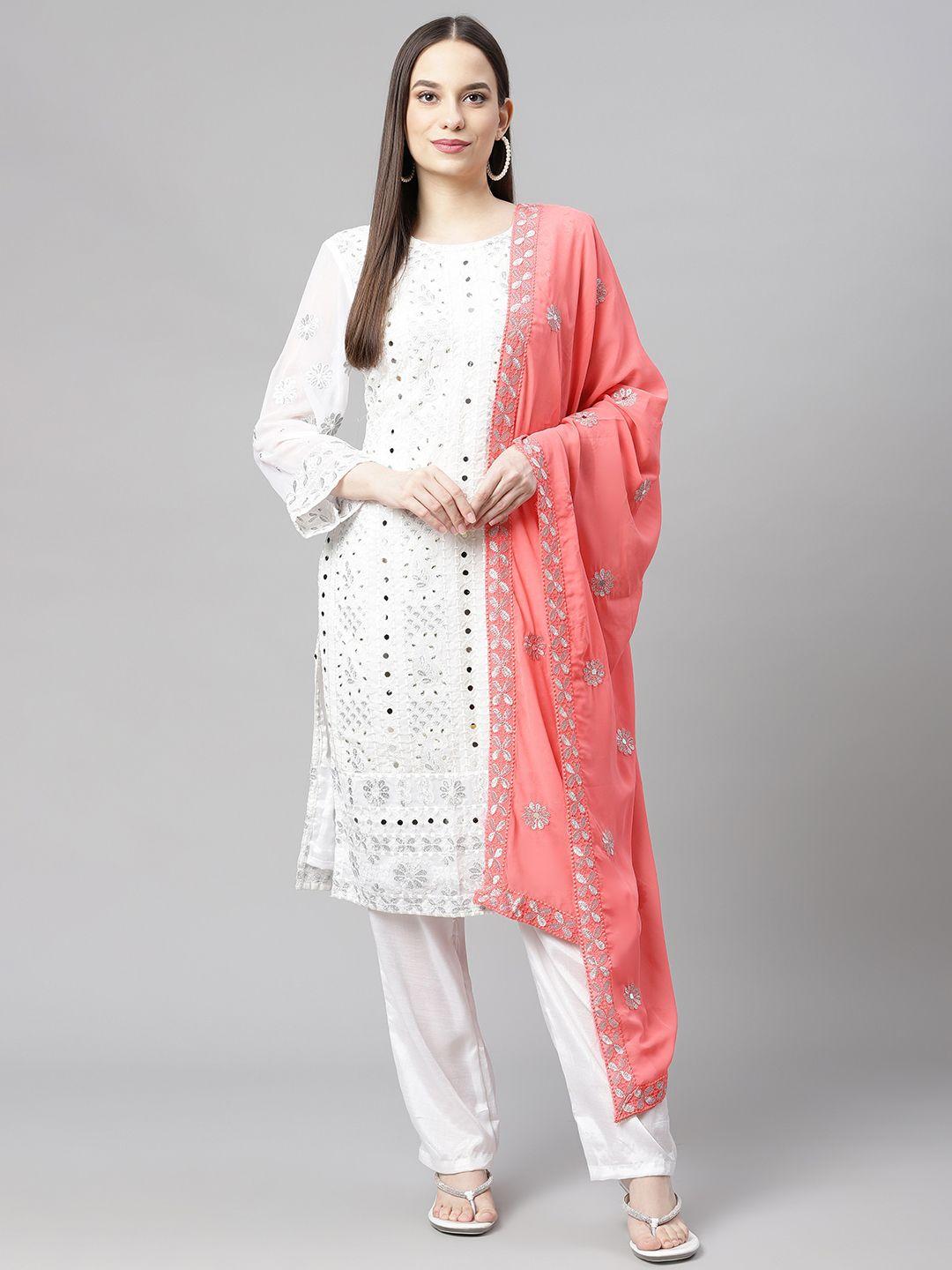 readiprint fashions white & coral embroidered unstitched dress material