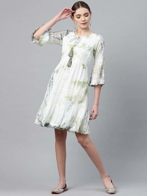 readiprint fashions white & green cotton embroidered a-line dress