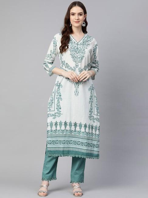 readiprint fashions white & green cotton floral print kurta pant set
