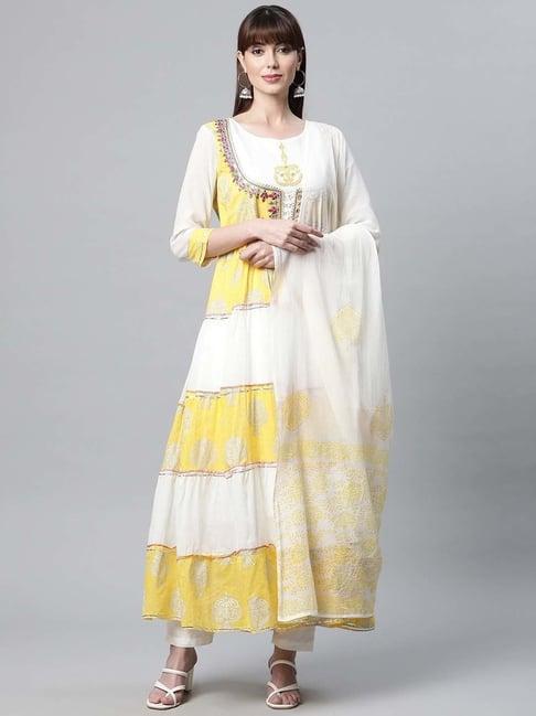 readiprint fashions white & yellow cotton embroidered a line kurta with dupatta