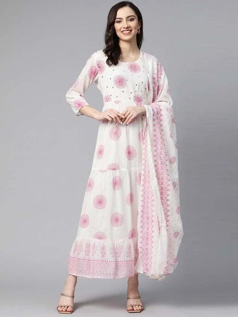 readiprint fashions white cotton embellished maxi dress with dupatta