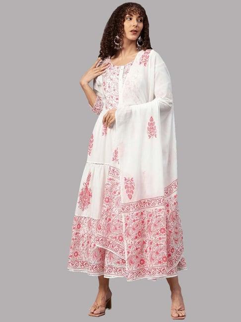 readiprint fashions white cotton embellished maxi gown with dupatta