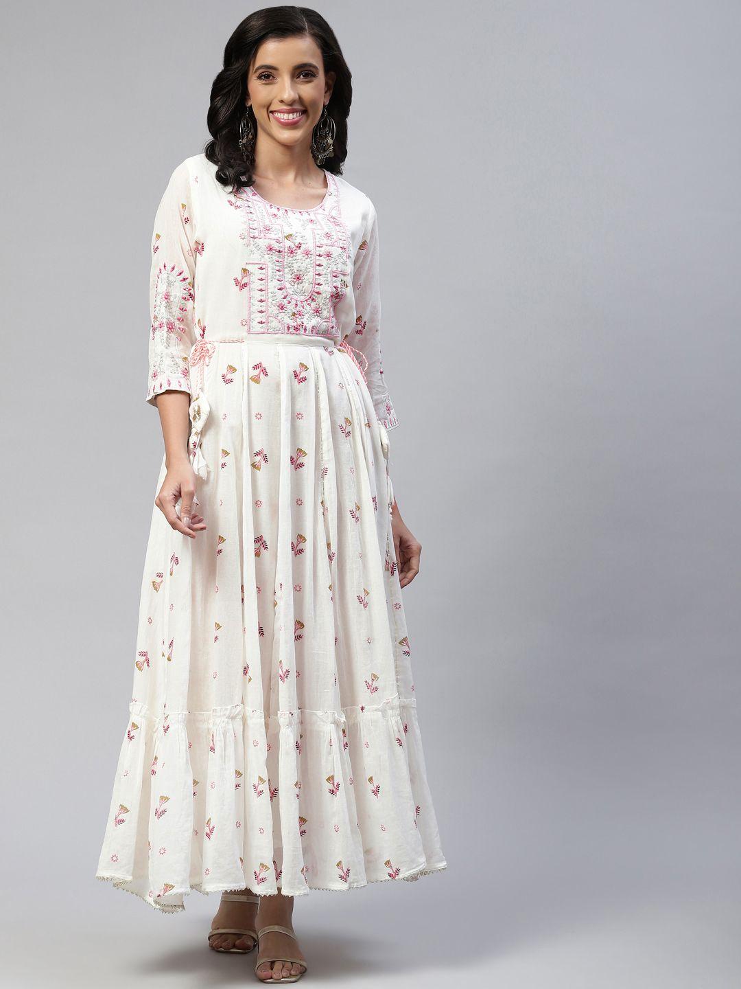 readiprint fashions white cotton floral embroidered tiered maxi ethnic dress with tie ups