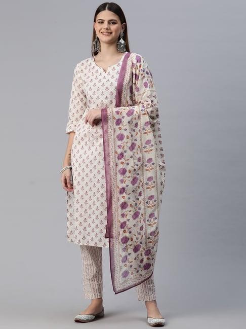 readiprint fashions white cotton floral print kurta pant set with dupatta