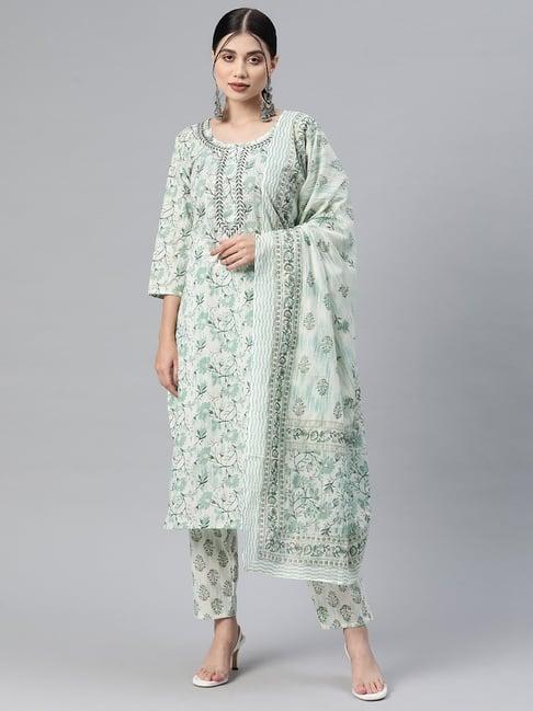 readiprint fashions white cotton floral print kurta pant set with dupatta
