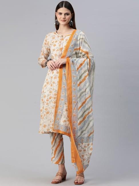 readiprint fashions white cotton floral print kurta pant set with dupatta