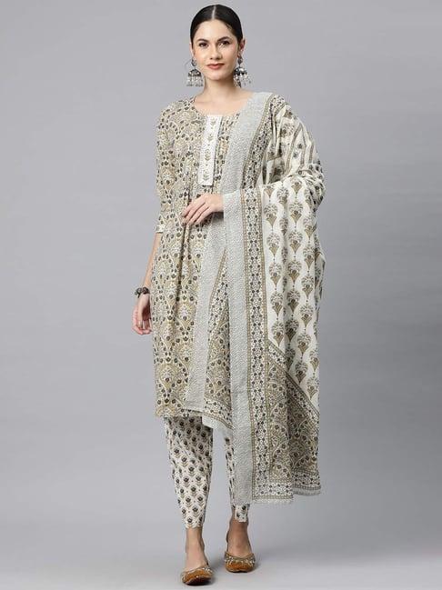 readiprint fashions white cotton floral print kurta pant set with dupatta