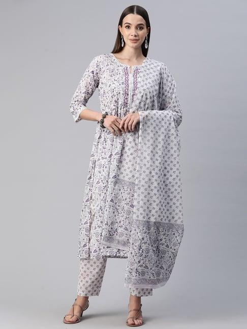 readiprint fashions white cotton floral print kurta pant set with dupatta