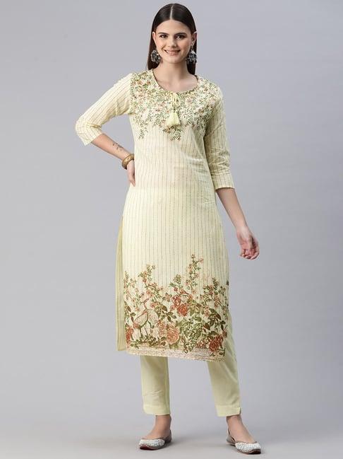 readiprint fashions white cotton floral print kurta pant set