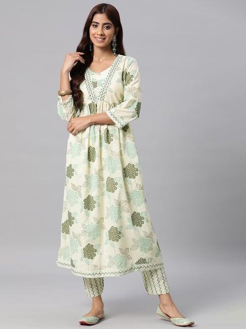 readiprint fashions white cotton floral print kurta pant set