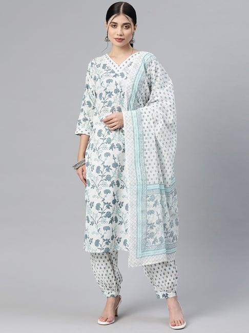 readiprint fashions white cotton floral print kurta salwaar set with dupatta