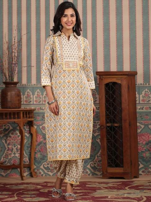readiprint fashions white cotton floral print kurta salwaar set