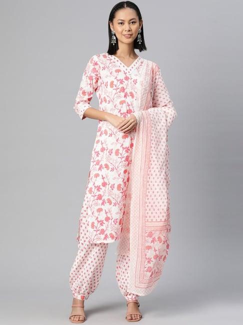 readiprint fashions white cotton floral print kurti sharara set with dupatta