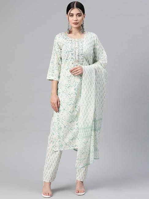 readiprint fashions white cotton printed kurta pant set with dupatta