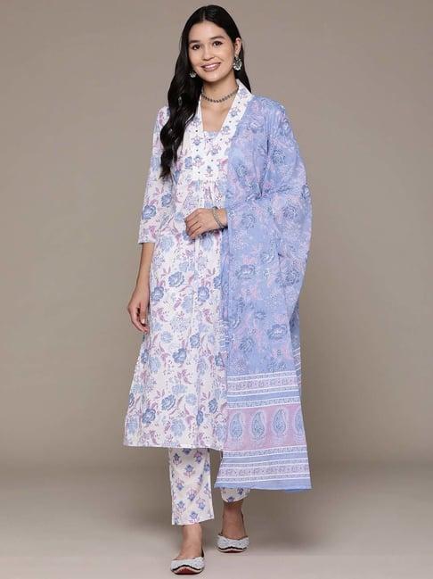 readiprint fashions white cotton printed kurta pant set with dupatta