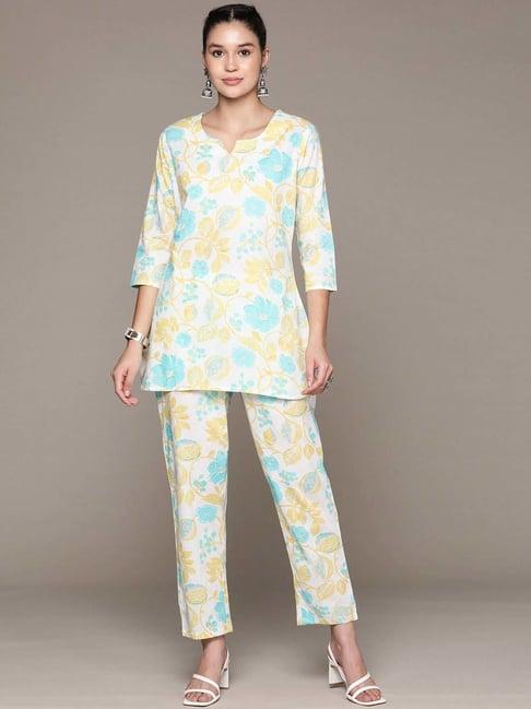 readiprint fashions white cotton printed tunic pant set