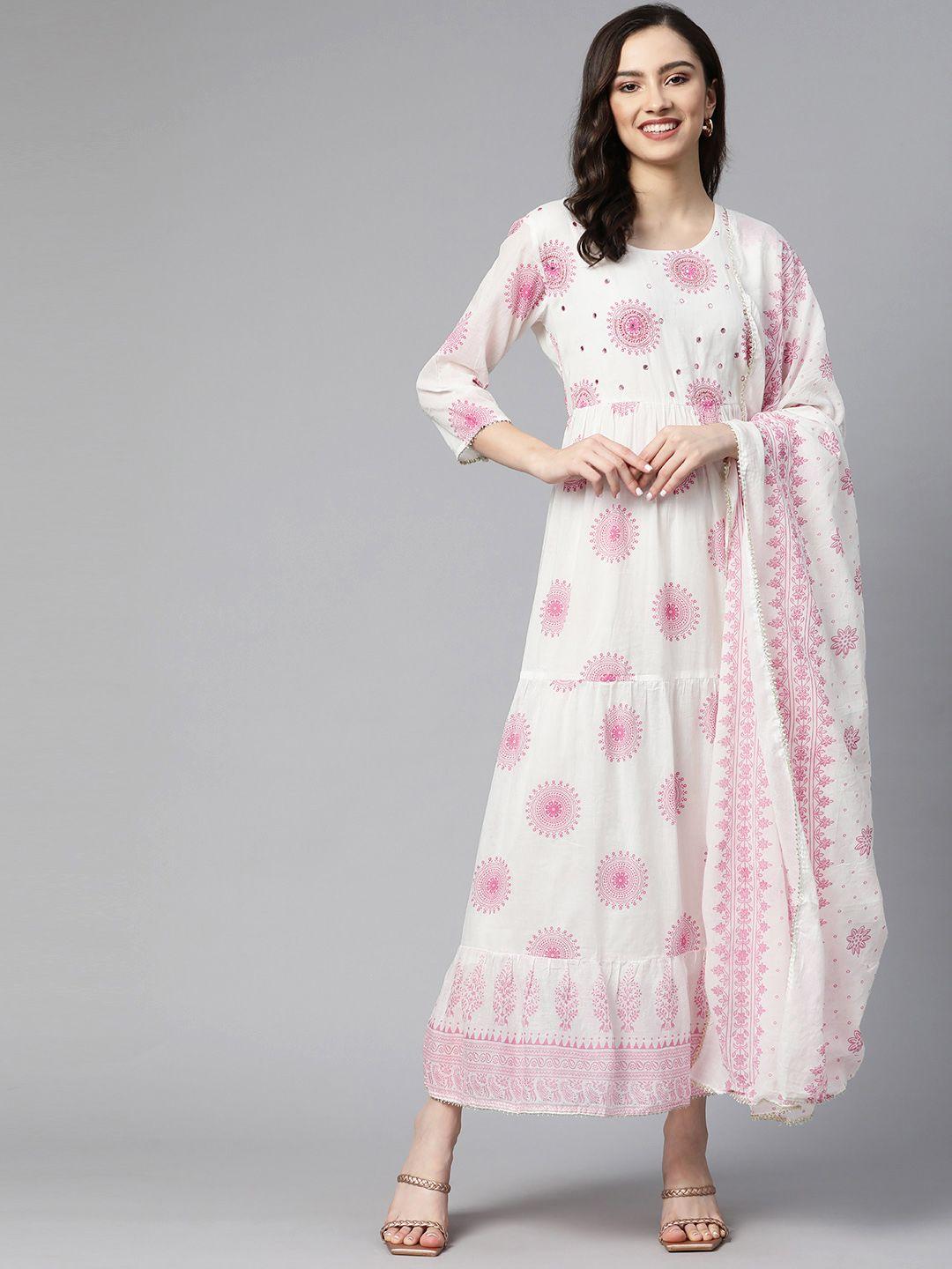 readiprint fashions white ethnic motifs maxi dress with dupatta