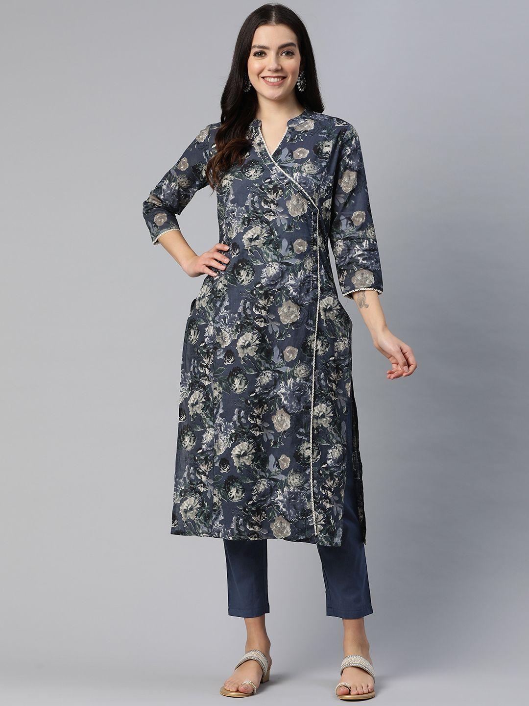 readiprint fashions wome floral printed angrakha sequinned pure cotton kurta with palazzos